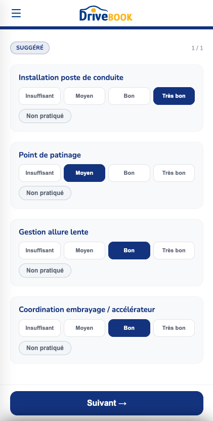 Écran : évaluation par compétences (4 niveaux)