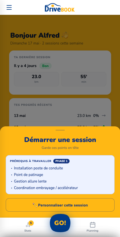 Aperçu de l'application DriveBook : panneau pré-session avec bouton Démarrer une session
