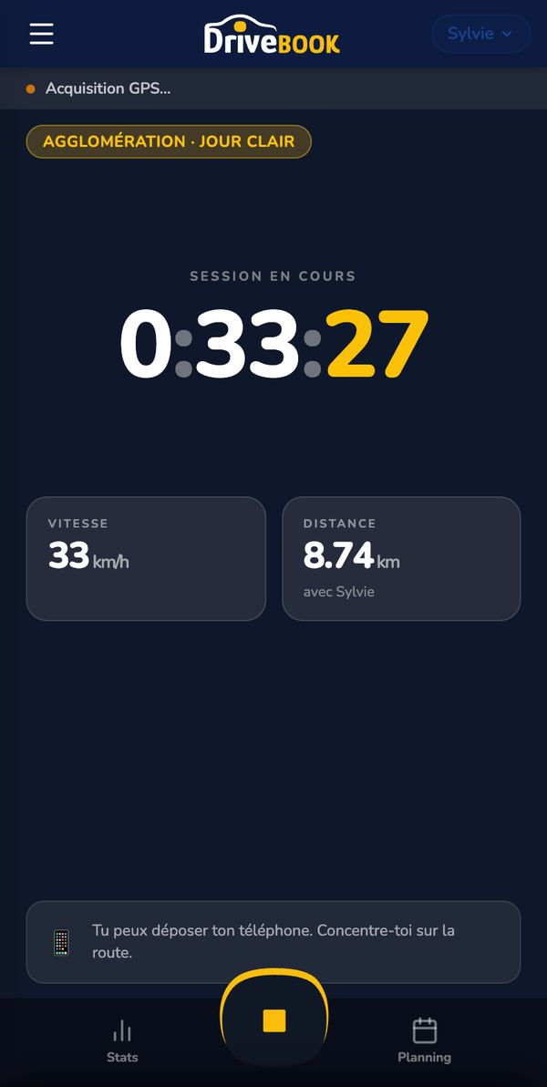 Écran de session en cours : 33 km/h, 8,74 km, avec Sylvie